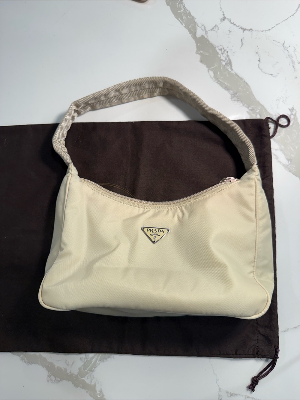 *Prada Vintage Vela Mini Nylon Shoulder Bag Ivory Cream Tessuto Silver Hardware